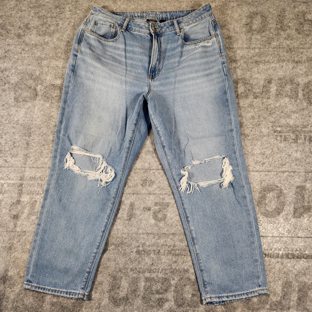 american eagle jeans womens 14 X-short blue demin distressed tearing